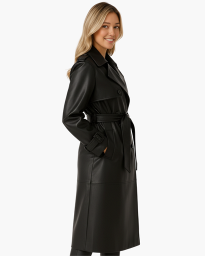 Trench Coat Femme en Cuir – Long, Chic & Intemporel