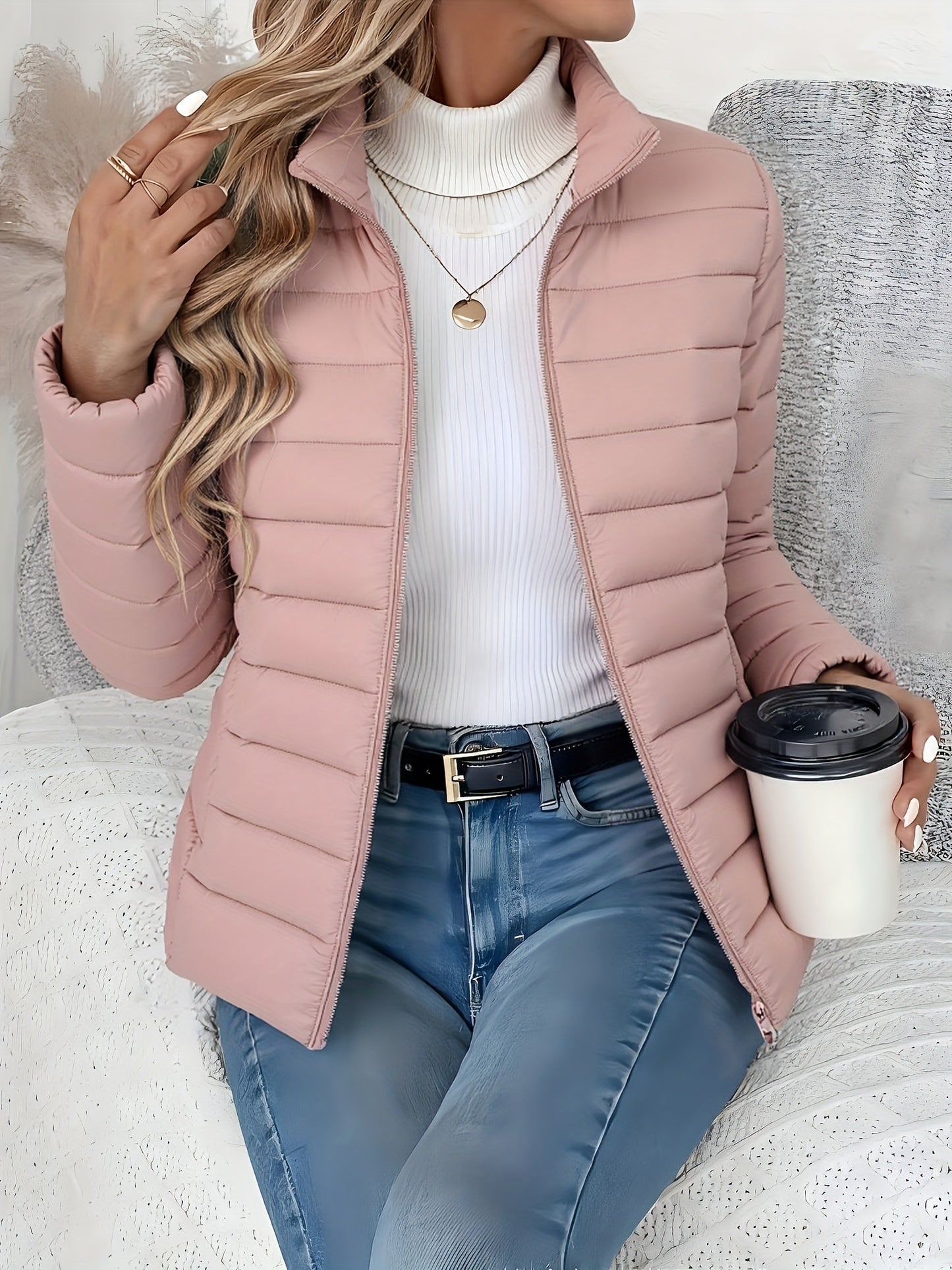 Veste matelassée femme col montant Rose