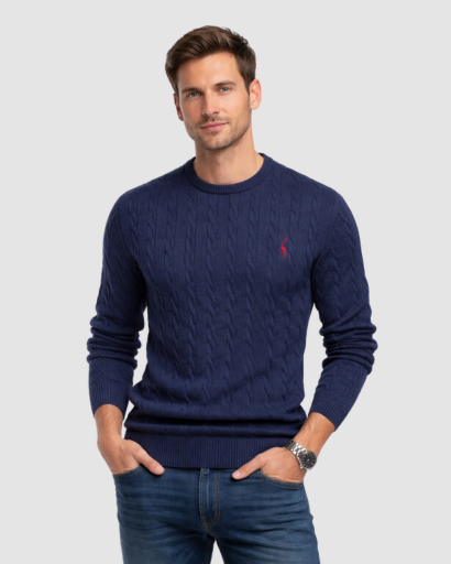 Pull Homme Maille Torsadée – Pull Classique Col Rond Style Polo