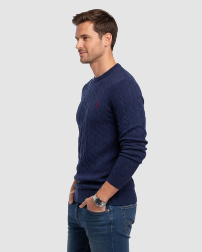 Pull Homme Maille Torsadée – Pull Classique Col Rond Style Polo