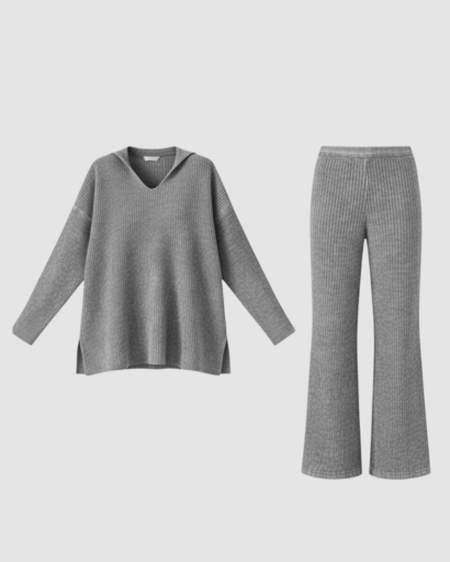 Ensemble Deux Pièces Femme – Pull Col Polo & Pantalon Évasé – Élégance Décontractée