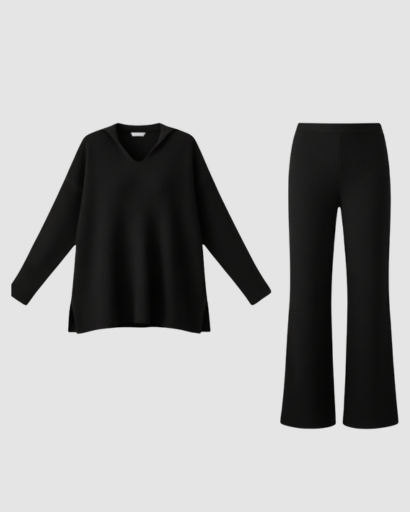 Ensemble Deux Pièces Femme – Pull Col Polo & Pantalon Évasé – Élégance Décontractée