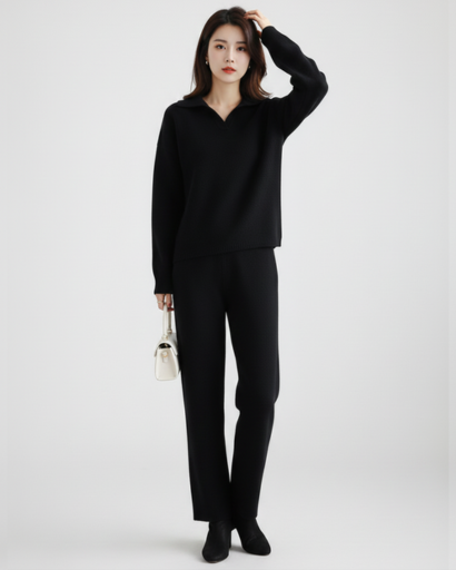 Ensemble Deux Pièces Femme – Pull Col Polo & Pantalon Évasé – Élégance Décontractée