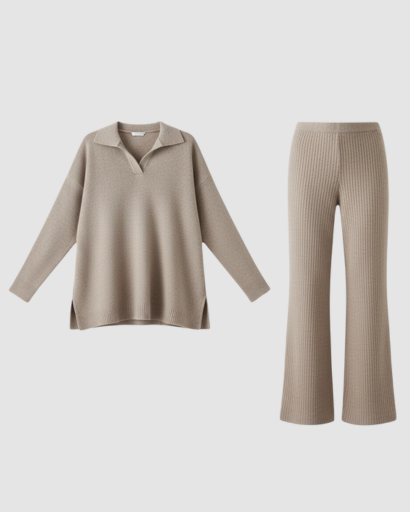 Ensemble Deux Pièces Femme – Pull Col Polo & Pantalon Évasé – Élégance Décontractée