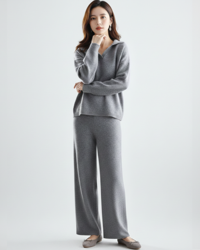 Ensemble Deux Pièces Femme – Pull Col Polo & Pantalon Évasé – Élégance Décontractée