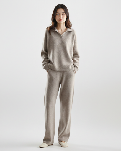 Ensemble Deux Pièces Femme – Pull Col Polo & Pantalon Évasé – Élégance Décontractée