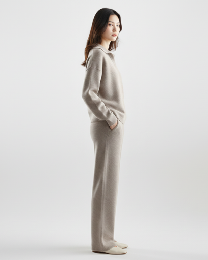 Ensemble Deux Pièces Femme – Pull Col Polo & Pantalon Évasé – Élégance Décontractée