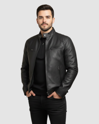 Veste homme style cuir – blouson zippé à col montant & look urbain élégant