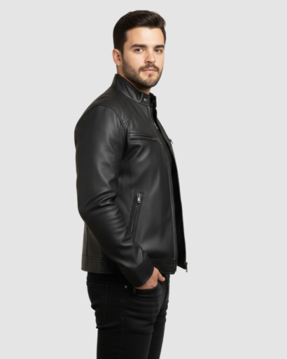 Veste homme style cuir – blouson zippé à col montant & look urbain élégant