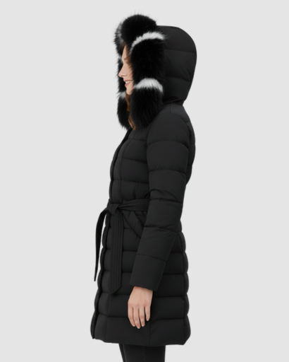 Manteau long en laine avec col et poignets en fausse fourrure