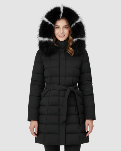 Manteau long en laine avec col et poignets en fausse fourrure