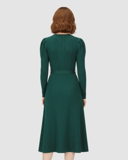 Robe midi en maille avec ceinture et manches longues pour femme