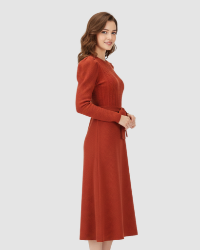Robe midi en maille avec ceinture et manches longues pour femme