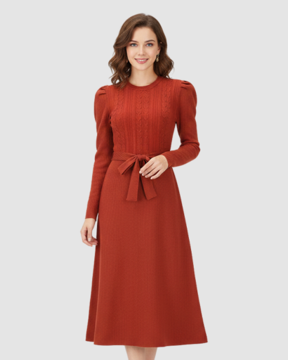 Robe midi en maille avec ceinture et manches longues pour femme