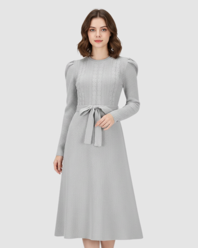 Robe midi en maille avec ceinture et manches longues pour femme