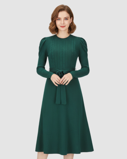 Robe midi en maille avec ceinture et manches longues pour femme