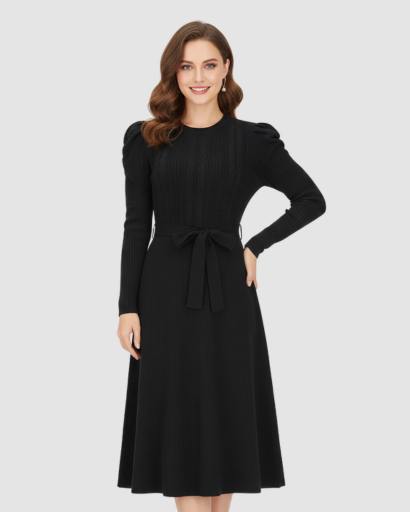 Robe midi en maille avec ceinture et manches longues pour femme