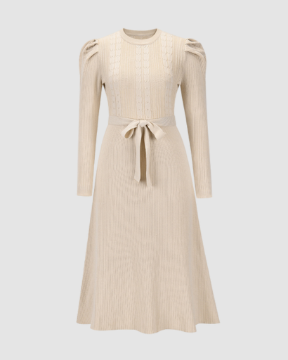 Robe midi en maille avec ceinture et manches longues pour femme