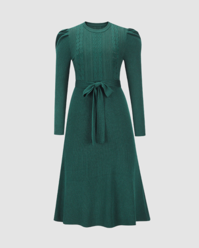 Robe midi en maille avec ceinture et manches longues pour femme