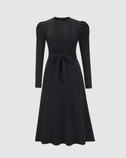 Robe midi en maille avec ceinture et manches longues pour femme