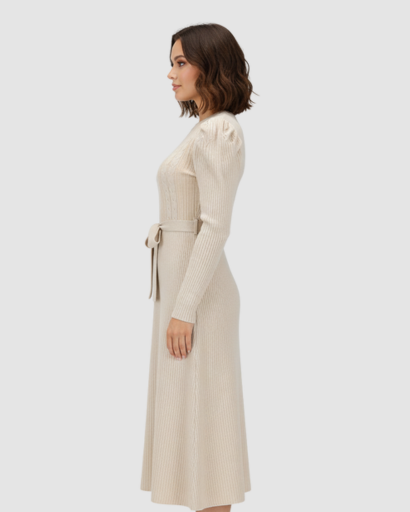 Robe midi en maille avec ceinture et manches longues pour femme