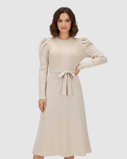 Robe midi en maille avec ceinture et manches longues pour femme