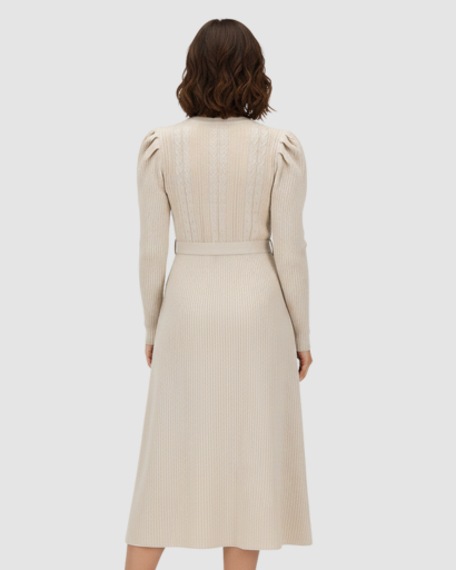 Robe midi en maille avec ceinture et manches longues pour femme