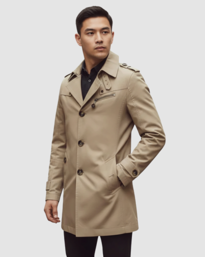 Trench Coat Homme Classique – Coupe Mi-Longue, Double Boutonnage & Détails Épaules