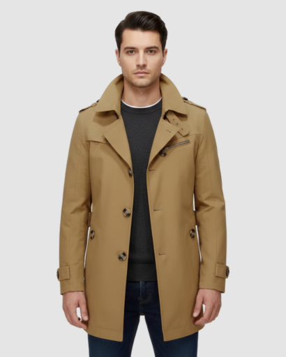 Trench Coat Homme Classique – Coupe Mi-Longue, Double Boutonnage & Détails Épaules
