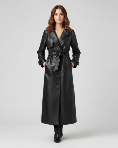 Trench Coat Femme en Cuir – Long, Chic & Intemporel