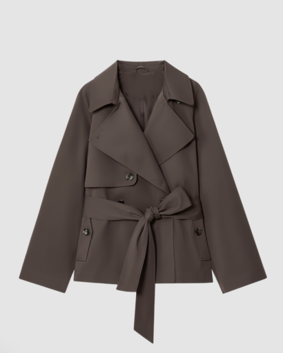 Trench-coat court ceinturé à boutonnage croisé et revers larges