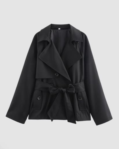 Trench-coat court ceinturé à boutonnage croisé et revers larges