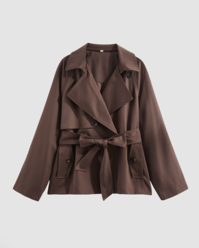 Trench-coat court ceinturé à boutonnage croisé et revers larges