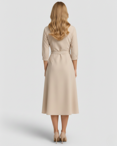 Robe mi-longue évasée à col chemise et taille ceinturée avec poches