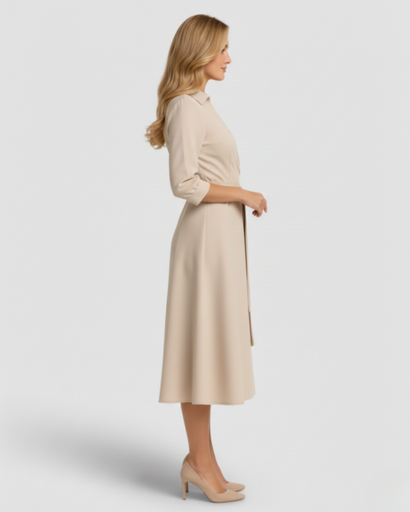 Robe mi-longue évasée à col chemise et taille ceinturée avec poches