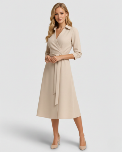 Robe mi-longue évasée à col chemise et taille ceinturée avec poches