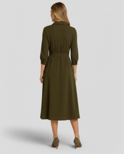 Robe mi-longue évasée à col chemise et taille ceinturée avec poches