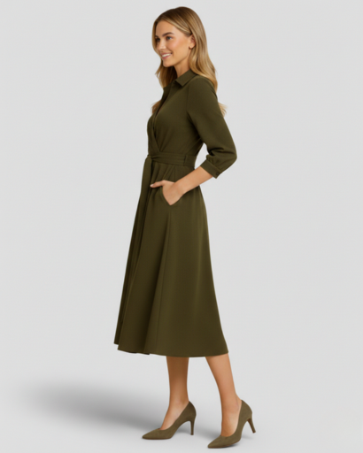 Robe mi-longue évasée à col chemise et taille ceinturée avec poches