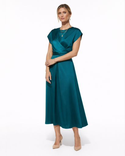 Robe Longue Satinée à Taille Nouée et Coupe Croisée Élégante