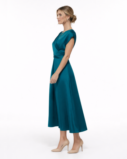 Robe Longue Satinée à Taille Nouée et Coupe Croisée Élégante
