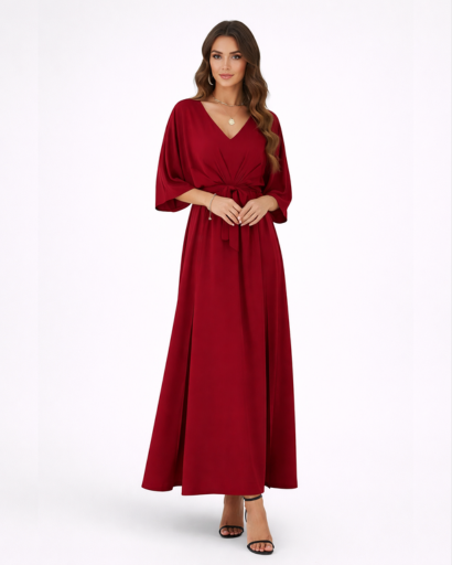 Robe Longue Fluide à Col en V et Manches Chauve-souris avec Taille Nouée et Fente Latérale