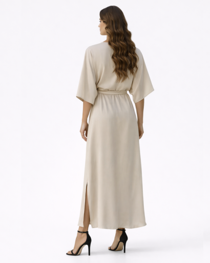 Robe Longue Fluide à Col en V et Manches Chauve-souris avec Taille Nouée et Fente Latérale
