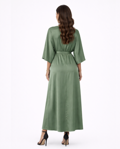 Robe Longue Fluide à Col en V et Manches Chauve-souris avec Taille Nouée et Fente Latérale