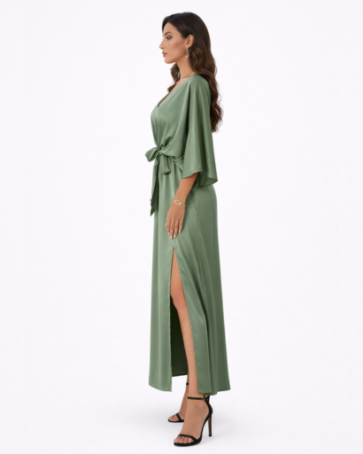 Robe Longue Fluide à Col en V et Manches Chauve-souris avec Taille Nouée et Fente Latérale