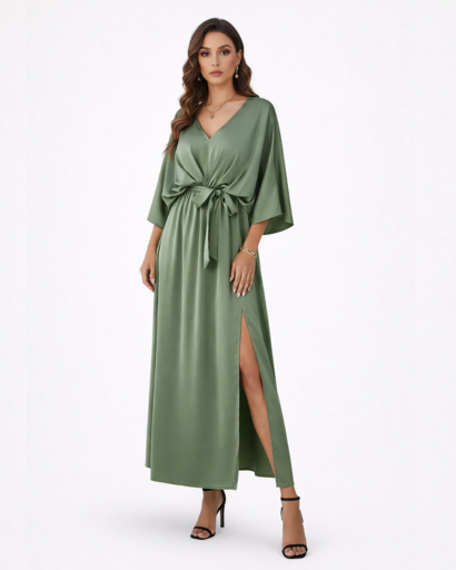Robe Longue Fluide à Col en V et Manches Chauve-souris avec Taille Nouée et Fente Latérale
