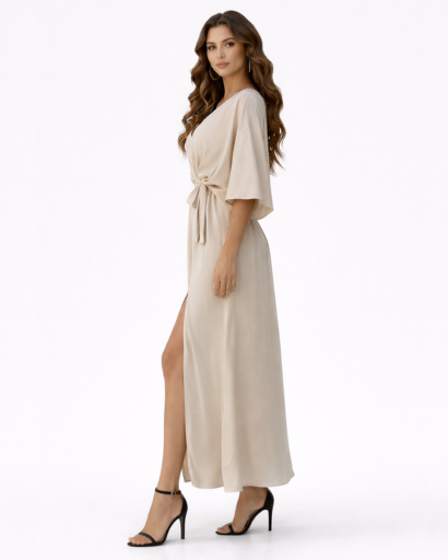 Robe Longue Fluide à Col en V et Manches Chauve-souris avec Taille Nouée et Fente Latérale