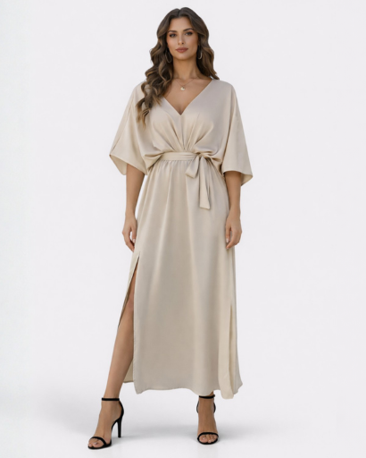 Robe Longue Fluide à Col en V et Manches Chauve-souris avec Taille Nouée et Fente Latérale
