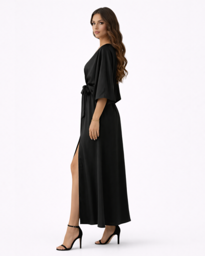 Robe Longue Fluide à Col en V et Manches Chauve-souris avec Taille Nouée et Fente Latérale