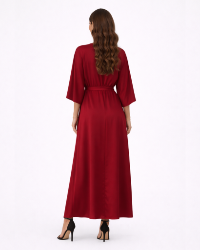 Robe Longue Fluide à Col en V et Manches Chauve-souris avec Taille Nouée et Fente Latérale