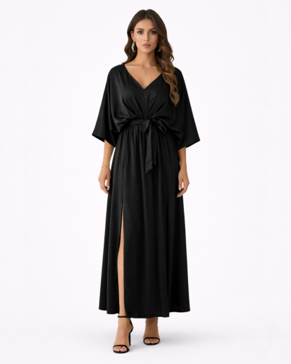 Robe Longue Fluide à Col en V et Manches Chauve-souris avec Taille Nouée et Fente Latérale